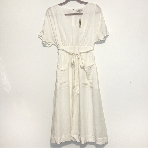 Madewell, white Linen-Blend Dolman-Sleeve Tie-Waist Midi Dress, Size 18 - Picture 4 of 10